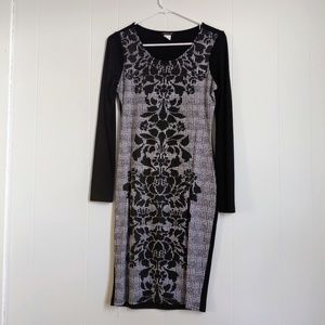 VENUS Black Patterned Long-Sleeve Midi Dress